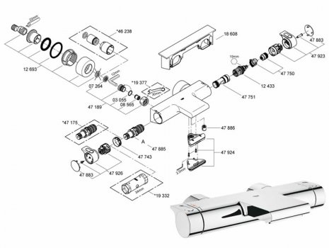 Grohtherm 2000 New thermostatic bath/shower mixer (34466001) spares breakdown diagram