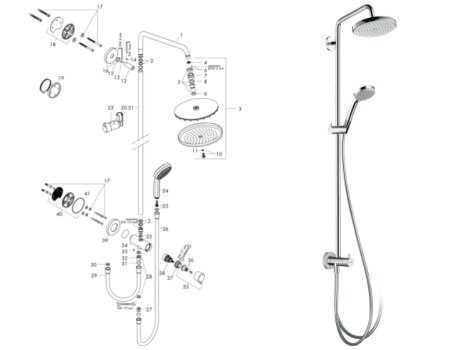 hansgrohe Croma Showerpipe 220 1jet Reno (27224000) spares breakdown diagram