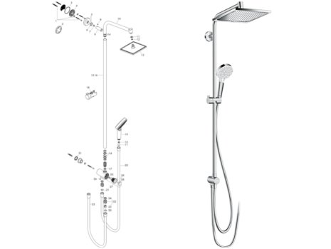 hansgrohe Crometta E Showerpipe 240 1jet EcoSmart Reno Mixer Shower (27289000) spares breakdown diagram