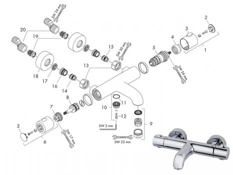 Hansgrohe Ecostat 1001 thermostatic bath/shower mixer (13241000) spares breakdown diagram