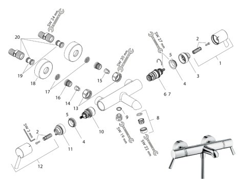 hansgrohe Ecostat Comfort Care Exposed Thermostatic Bath Mixer (13115000) spares breakdown diagram