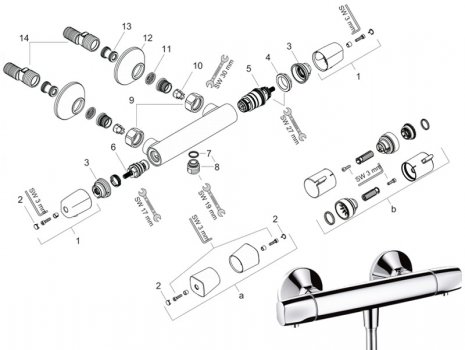 Hansgrohe Ecostat E bar valve (13125000) spares breakdown diagram