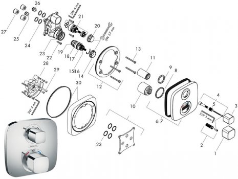 Hansgrohe Ecostat E recessed mixer with diverter - square - 2 outlets (15708000) spares breakdown diagram