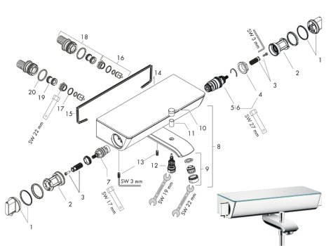 hansgrohe Ecostat Select Exposed Thermostatic Bath Mixer (13141000) spares breakdown diagram