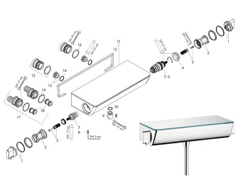 hansgrohe Ecostat Select Exposed Thermostatic Shower Mixer (13111000) spares breakdown diagram