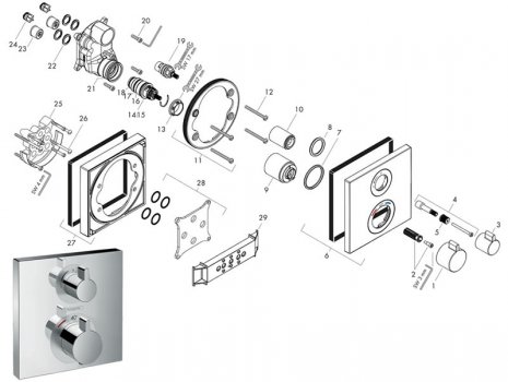 Hansgrohe Ecostat Square recessed valve - 1 outlet - chrome (15712000) spares breakdown diagram