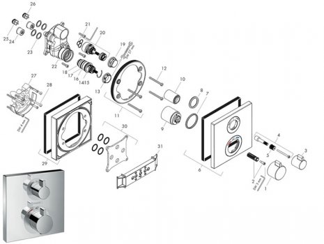 Hansgrohe Ecostat Square recessed valve - 2 outlets - chrome (15714000) spares breakdown diagram