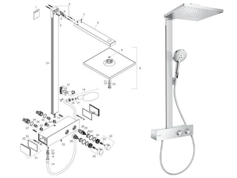 hansgrohe Raindance E EcoSmart Showerpipe 300 1jet with ShowerTablet 350 Mixer Shower (27362000) spares breakdown diagram