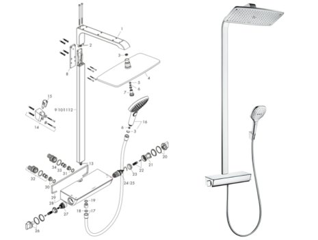 hansgrohe Raindance E EcoSmart Showerpipe 360 1jet Thermostatic Mixer Shower (27286000) spares breakdown diagram