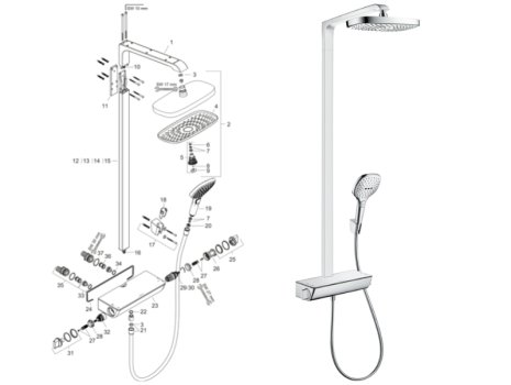 hansgrohe Raindance Select E Showerpip 300 2jet EcoSmart Thermostatic Mixer Shower (27282000) spares breakdown diagram