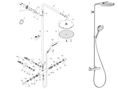 hansgrohe Raindance Select S 1jet Showerpipe 240 Thermostatic Bar Mixer Shower (27633000) spares breakdown diagram