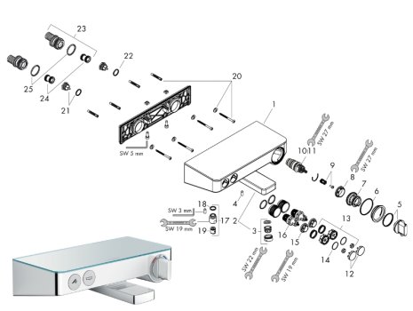 hansgrohe ShowerTablet Select Thermostatic Bath Mixer 300 (13151000) spares breakdown diagram