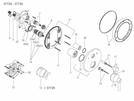 Hansgrohe Terrano 37720 - 37725 (37720 - 37725) spares breakdown diagram