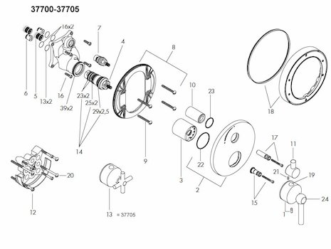 Hansgrohe Terrano 37700 - 37705 spares breakdown diagram