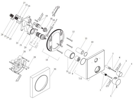 Hansgrohe Axor Massaud thermostatic bath-shower valve built in (18750000) spares breakdown diagram