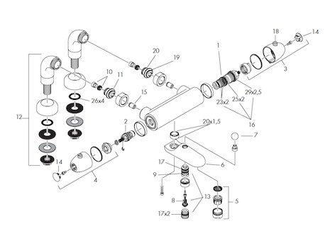 Hansgrohe Ecostat 2001 deck mounted bath/shower mixer (13345) spares breakdown diagram