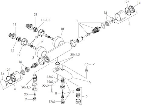 Hansgrohe Ecostat 2001 bath/shower mixer - (1993-1999) (13360 93-99) spares breakdown diagram