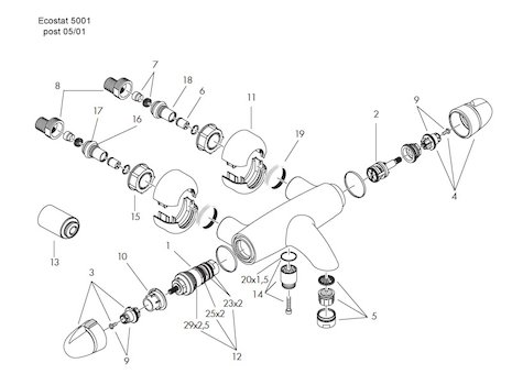 Hansgrohe Ecostat 5001 bath/shower mixer - (up to 2001) (15340) spares breakdown diagram