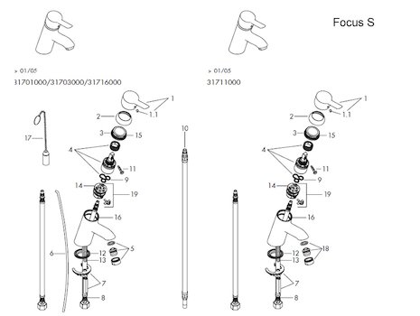 Hansgrohe Focus S Mono Basin Mixer (31701000) spares breakdown diagram