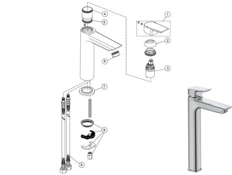 Ideal Standard Tesi single lever vessel basin mixer no waste (A6575AA) spares breakdown diagram