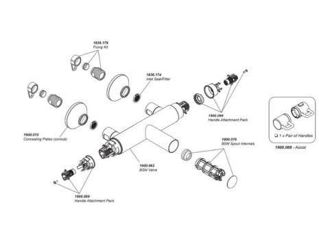 Mira Assist Bath Shower Bar Mixer - Chrome (1.1900.017) spares breakdown diagram