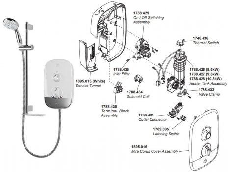 Mira Corus electric shower - white/chrome (Corus) spares breakdown diagram