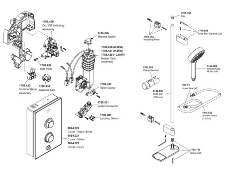 Mira Decor Electric Shower 9.5kW - Black Onyx (1.1894.005) spares breakdown diagram