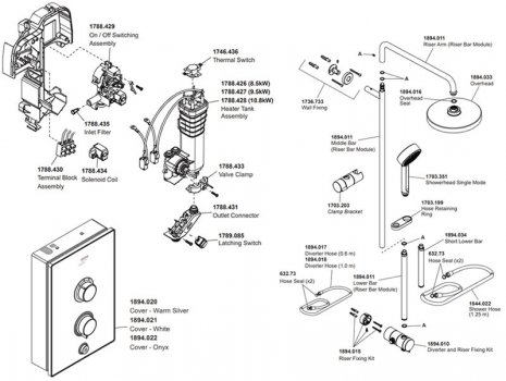 Mira Decor electric shower - two shower heads (Decor 2) spares breakdown diagram