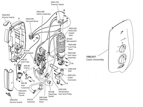 Mira Elate Thermostatic Electric Shower 9.0kW - White/Chrome (1.1563.808) spares breakdown diagram