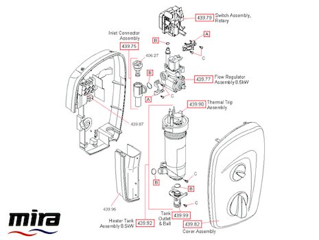 Mira Go MK2 Electric shower (2003-2007) spares breakdown diagram