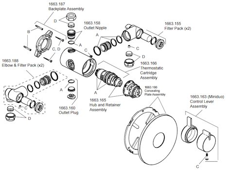 Mira Miniduo BIR with Eco shower head (1.1663.243) spares breakdown diagram