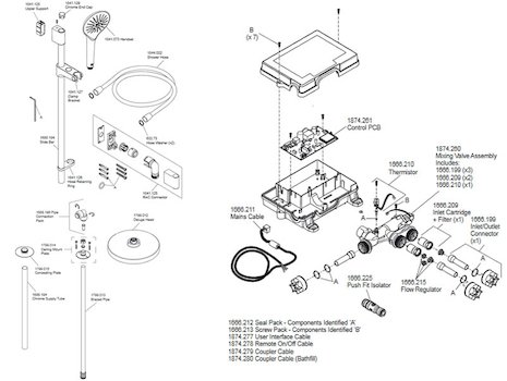 Mira Mode Dual Ceiling Fed Digital Shower - High Pressure (1.1874.009) spares breakdown diagram