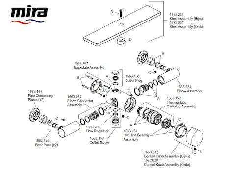 Mira Ordo EV Thermostatic Mixer Shower - Chrome - With Glass Shelf (1672.005) spares breakdown diagram