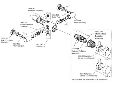 Mira Pace EV Thermo Mixer Shower - 110mm Centres - Chrome (1663.002) spares breakdown diagram