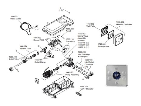 Mira Pixel digital mixer valve - Pumped spares breakdown diagram