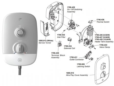 Mira Play Electric Shower Mk 2 - white/chrome (1.1895.001) spares breakdown diagram