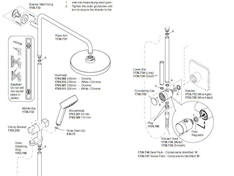 Mira Pronta Agile rigid riser shower fittings spares breakdown diagram