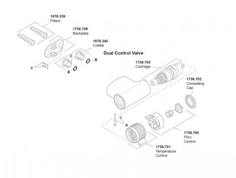 Mira Pronta EV dual control thermostatic bar mixer shower - chrome (1.1736.411) spares breakdown diagram