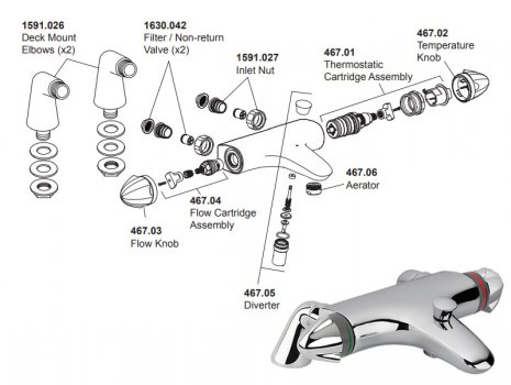 Mira Verve deck mounted bath/shower mixer - valve only - chrome (2.1591.005) spares breakdown diagram