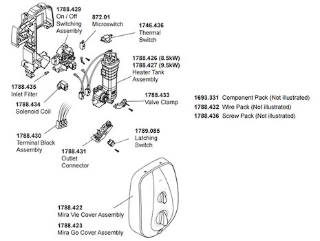 Mira Vie MK2 Electric Shower 8.5kW - White/Chrome (1.1788.004) spares breakdown diagram