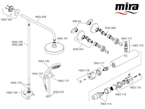 Mira Atom ERD bar mixer shower - Mk 1 - (2008-2010) spares breakdown diagram
