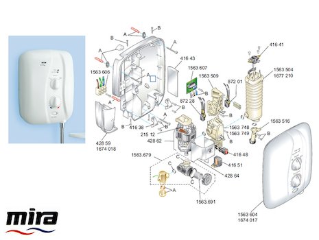 Mira Elite ST 9.8kW spares breakdown diagram