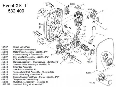 Mira Event XS Thermostatic Power Shower MK2 - White/Chrome (1.1532.400) spares breakdown diagram