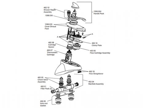 Mira Excel bath/shower mixer - valve only - chrome (1.1598.002) spares breakdown diagram