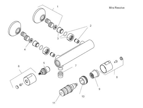 Mira Resolve Thermostatic Bar Mixer Shower - Chrome (1744.019) spares breakdown diagram