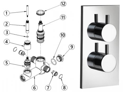 Imex Ceramics Ivo single outlet dual control thermostatic valve (IVDCV) spares breakdown diagram