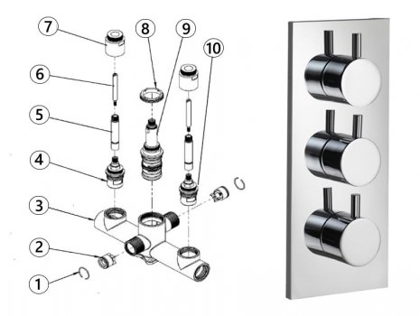 Imex Ceramics Ivo twin outlet triple control thermostatic valve (IVTCV) spares breakdown diagram