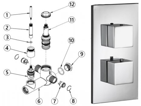 Imex Ceramics Sq2 single outlet dual control concealed thermostatic valve (SQDCV) spares breakdown diagram