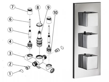 Imex Ceramics Sq2 twin outlet triple control concealed thermostatic valve (SQTCV) spares breakdown diagram