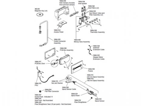 Rada ACU-T3 digital mixing valve with 190mm spout (1.1664.001) spares breakdown diagram